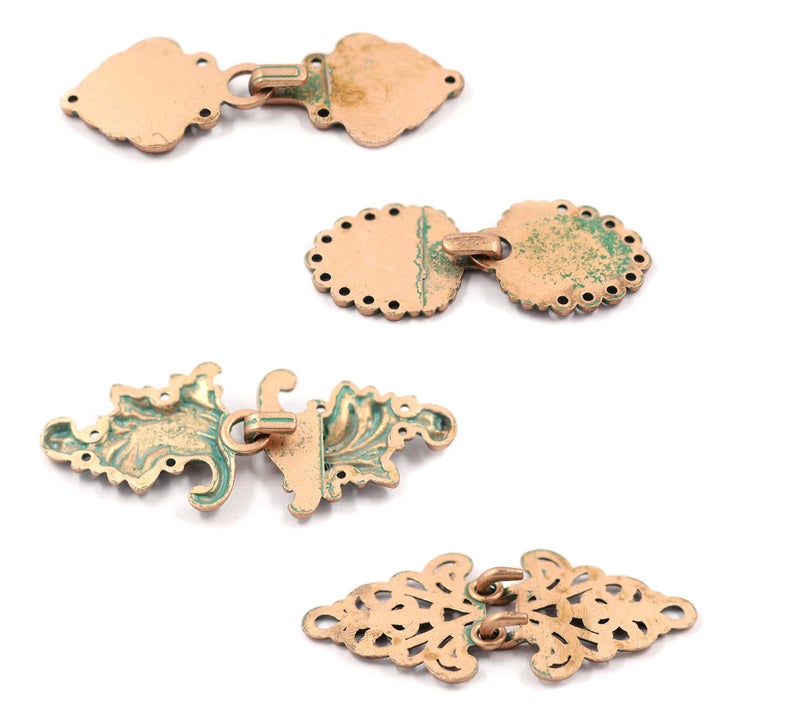 Bezelry Mixed Cloak Clasp in Copper Green Color. 4 Pairs in a Package. One Style a Pair. Sew On Hooks and Eyes Cardigan Clip. - Image 3